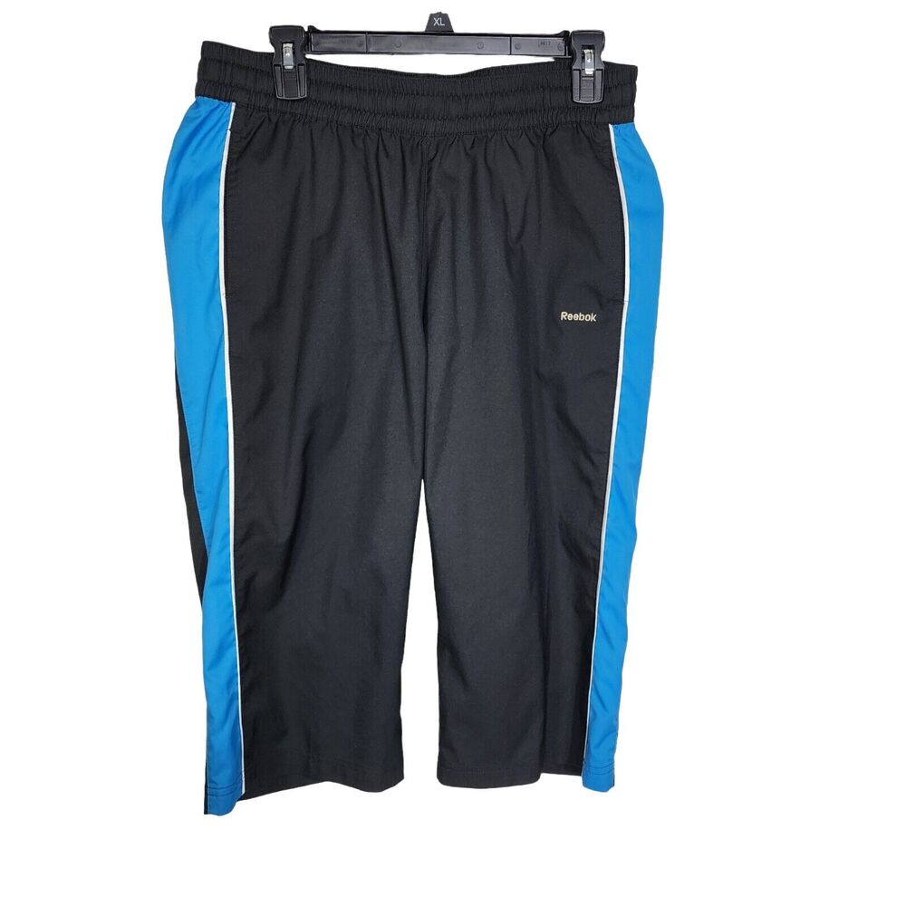 Reebok Womens Capri Pants Large Pockets Elastic Waist Drawstring Black Teal Pull